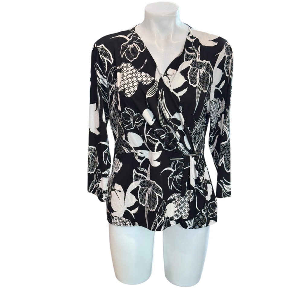 Women's Jaclyn Smith Black & White Floral Wrap Top Size L euc